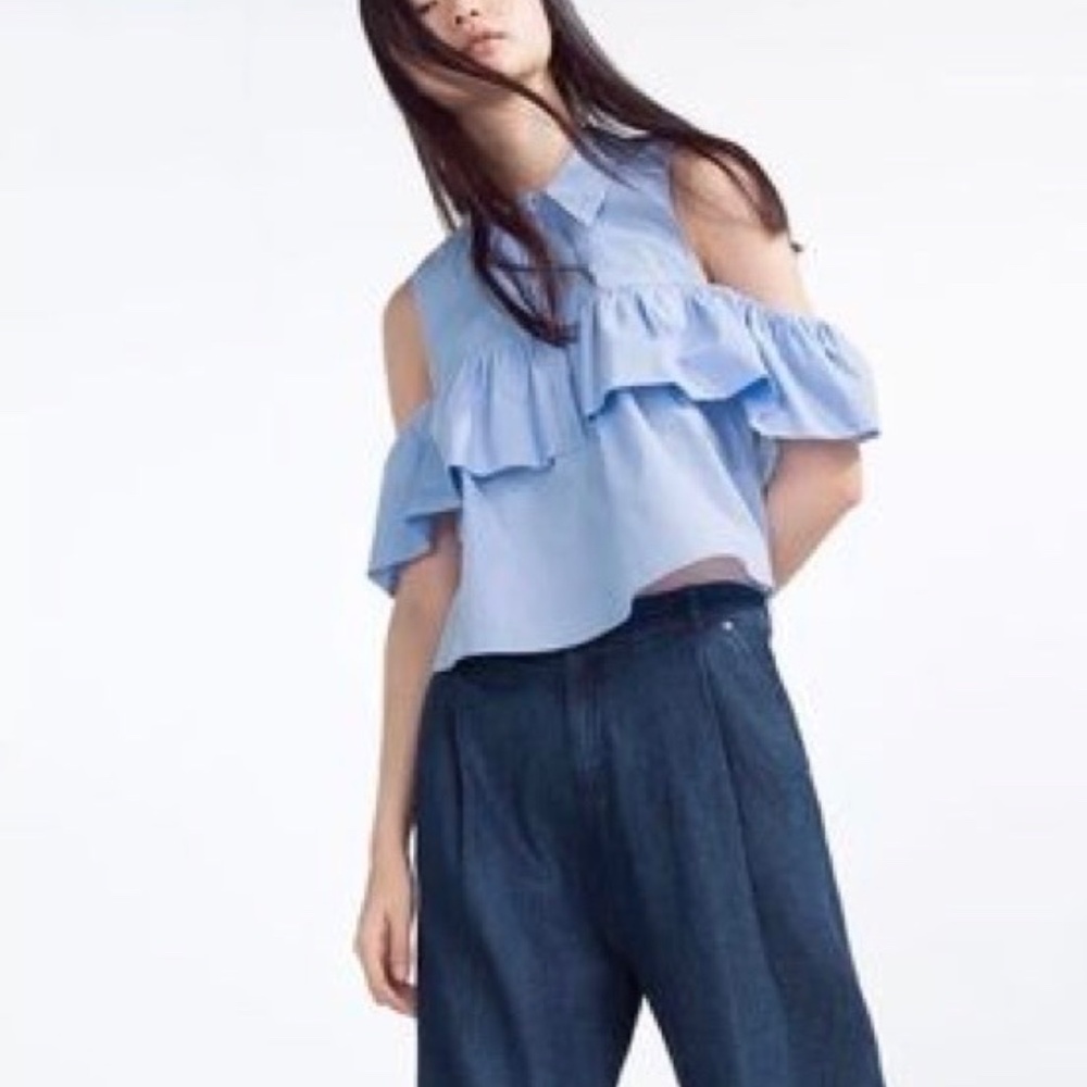 Zara blue ruffle button up off the shoulder top women's Size Small - Picture 3 of 12